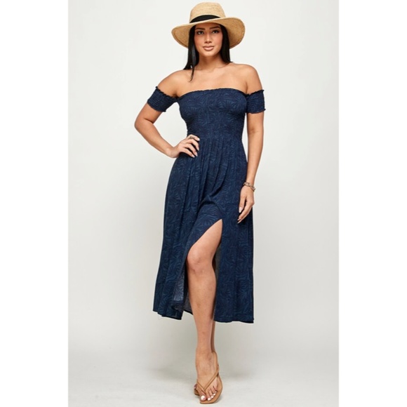 SOLD OUT Navy Leaf Floral Print Smocked Off The Shoulder Casual Summer Dress - Picture 2 of 6